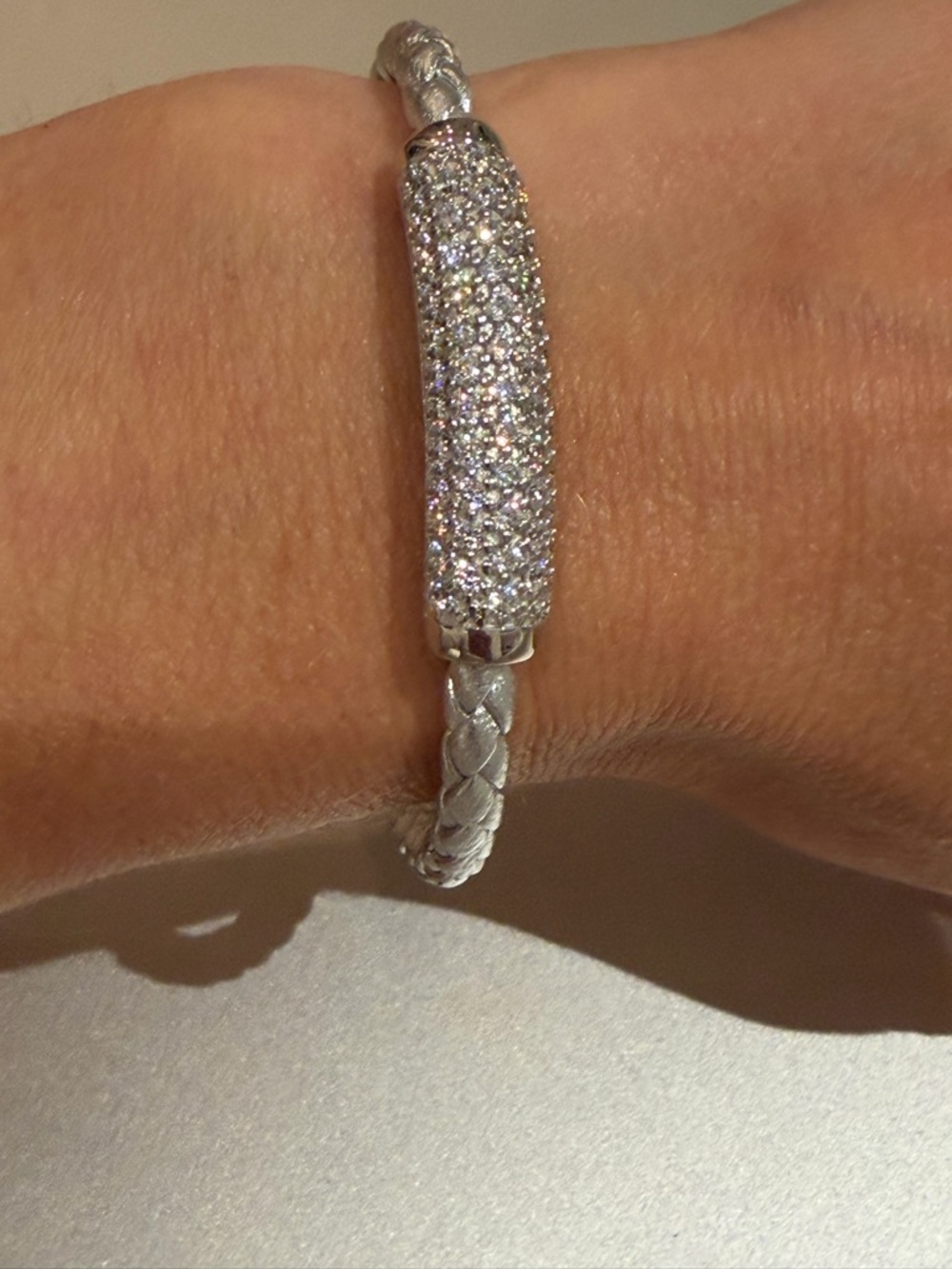 Milor Italy Silver Pavé Curved Bar Braided Leather Bracelet NWT SPARKLING ✨ 💎 - Picture 4 of 5